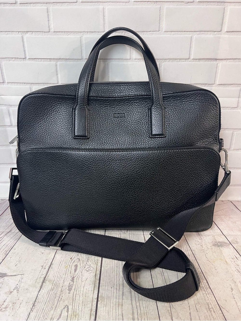 BOSS Hugo Boss Crosstown Black Pebbled Leather Briefcase Laptop Document Bag